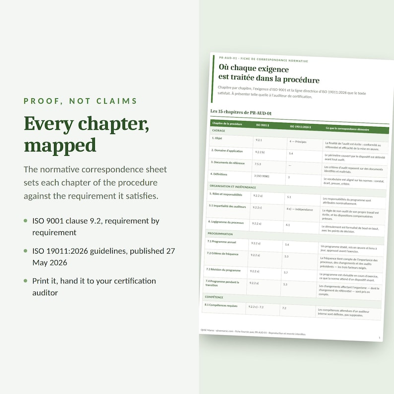 May include: A white document titled Proof, Not Claims, Every chapter, mapped, featuring a normative correspondence sheet. It lists ISO 9001 clause 9.2 requirements against ISO 19011:2026 guidelines in a table format with green headers and text.