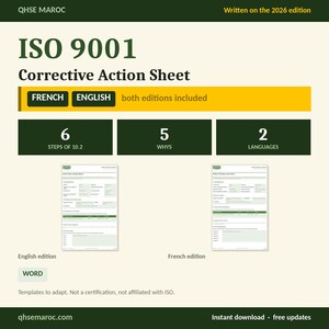 Może przedstawiać: Szablon arkusza działań korygujących ISO 9001 na rok 2026, zawierający 6 kroków 10.2 i 5 pytań dlaczego. Dokument zawiera wersje angielską i francuską w formacie Word, z nagłówkami tekstowymi QHSE MAROC oraz Written on the 2026 edition.