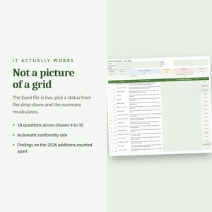 May include: A digital audit grid template displayed on a light background. The text reads IT ACTUALLY WORKS, Not a picture of a grid, The Excel file is live: pick a status from the drop-down and the summary recalculates, 18 questions across clauses 4 to 10, Automatic conformity rate, Findings on the 2026 additions counted apart.