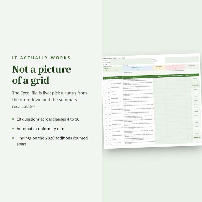 May include: A digital audit grid template displayed on a light background. The text reads IT ACTUALLY WORKS, Not a picture of a grid, The Excel file is live: pick a status from the drop-down and the summary recalculates, 18 questions across clauses 4 to 10, Automatic conformity rate, Findings on the 2026 additions counted apart.