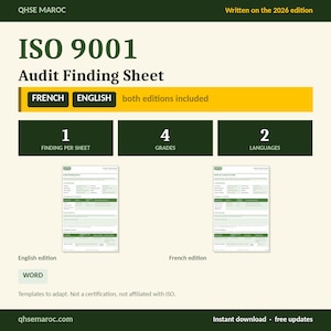 May include: An ISO 9001 Audit Finding Sheet template for the 2026 edition by QHSE MAROC. The document includes one finding per sheet, four grades, and is available in both French and English. The digital file is provided in Word format.