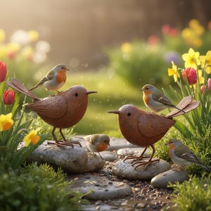 May include: Two large, rounded, rust-colored metal bird sculptures stand on smooth gray stones. Four small, live European robins with orange breasts and brown wings are perched on and around the metal figures amidst yellow and red flowers.