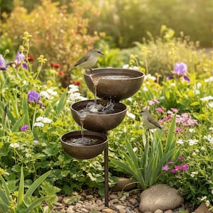 Fontaine à eau à trois niveaux pour oiseaux, bassin d'eau en métal à cascade pour jardin