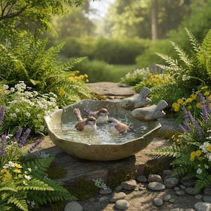 May include: A shallow, round, textured stone birdbath basin with a light brown finish. Three small, realistic bird figurines are perched on the rim and inside the water-filled bowl, which features a scalloped edge and a weathered, natural appearance.