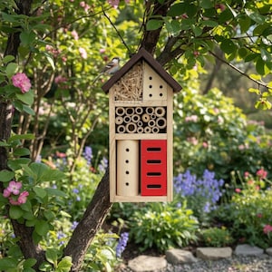 May include: A wooden insect hotel with a dark brown peaked roof, featuring a top section with straw and drilled holes, a middle layer of bamboo tubes, and a bottom section with a light wood cylinder and a red rectangular panel with horizontal slots.