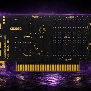 May include: A black rectangular circuit board with gold-coloured contact pins at the bottom. The board features yellow printed text including CR2032, NUS-03A-01, and Fairybottleproductions.com, along with various electronic component symbols.