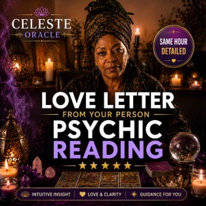 Puede incluir: Un gráfico digital con el texto CELESTE ORACLE, LOVE LETTER FROM YOUR PERSON PSYCHIC READING y SAME HOUR DETAILED. La imagen muestra a una persona con un pañuelo oscuro estampado, rodeada de velas encendidas, cristales y cartas del tarot.