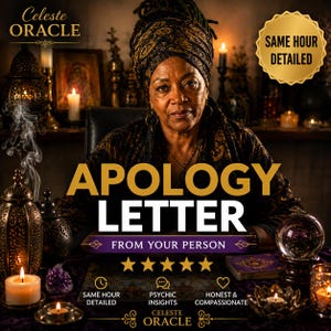 Puede incluir: Un gráfico digital con el texto Celeste ORACLE, APOLOGY LETTER FROM YOUR PERSON y SAME HOUR DETAILED. La imagen muestra a una persona con un pañuelo oscuro estampado, velas, una bola de cristal y cinco estrellas doradas.