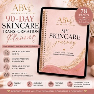 Könnte beinhalten: Ein spiralgebundener 90-Tage-Hautpflege-Transformationsplaner mit einem rosafarbenen Einband und goldenen Akzenten. Der Einband zeigt den Text ABV Ash Beauty Visions, My Skincare Journey und 78 Pages of Self-Care & Consistency. Er enthält Symbole zur Nachverfolgung von Routinen, Produkten, Hautveränderungen und Fortschrittsfotos.