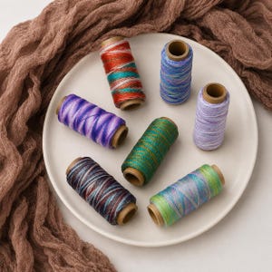 May include: Six cylindrical spools of thread arranged on a round white plate. The spools feature variegated color patterns including red and teal, blue and purple, solid purple, green and gold, light purple, and a blend of blue, green, and yellow.