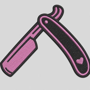 May include: An embroidered patch shaped like a straight razor with a black handle and a pink blade. The handle features a small pink heart near the bottom, and the entire design is outlined in thick black thread with pink accent stitching.