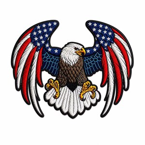 May include: An embroidered patch featuring a bald eagle with wings spread wide. The wings are designed with a pattern of white stars on a blue field and red and white stripes. The eagle has a white head, brown body, and yellow talons.