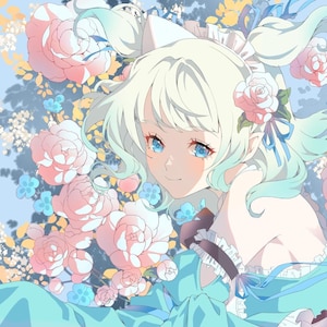 May include: An anime-style illustration featuring a character with light hair and blue eyes, surrounded by pink roses and light blue cat-like spirits with bows. The text MINT FANTÔME is visible on a light blue background with floral accents.