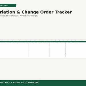 Op de afbeelding: Een digitaal spreadsheet-sjabloon getiteld Variation & Change Order Tracker van JOBPROFITLAB. De lay-out bevat een donkergroene koptekst met kolommen voor projecttracking, prijswijzigingen en marges in Microsoft Excel-indeling.