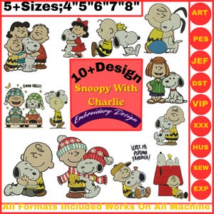 May include: A digital embroidery design collection featuring Snoopy and Charlie Brown in various poses. The image includes text such as 5+Sizes;4"5"6"7"8", 10+Design Snoopy With Charlie Embroidery Design, Good Night, Eres mi persona favorita, and file formats.