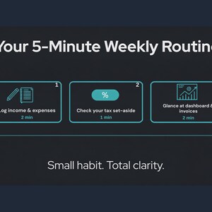 以下が含まれることがあります： 「Your 5-Minute Weekly Routine」と題されたダークグレーのインフォグラフィック。1から3まで番号が振られたティール色の枠線付きボックスが3つあり、タスクとして「Log income & expenses (2 min)」、「Check your tax set-aside (1 min)」、「Glance at dashboard & invoices (2 min)」が記載されています。