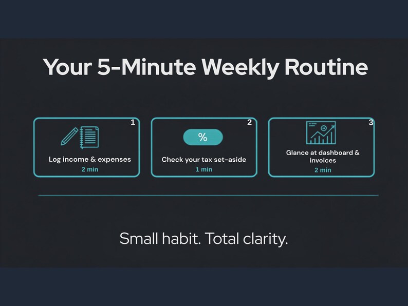 以下が含まれることがあります： 「Your 5-Minute Weekly Routine」と題されたダークグレーのインフォグラフィック。1から3まで番号が振られたティール色の枠線付きボックスが3つあり、タスクとして「Log income & expenses (2 min)」、「Check your tax set-aside (1 min)」、「Glance at dashboard & invoices (2 min)」が記載されています。
