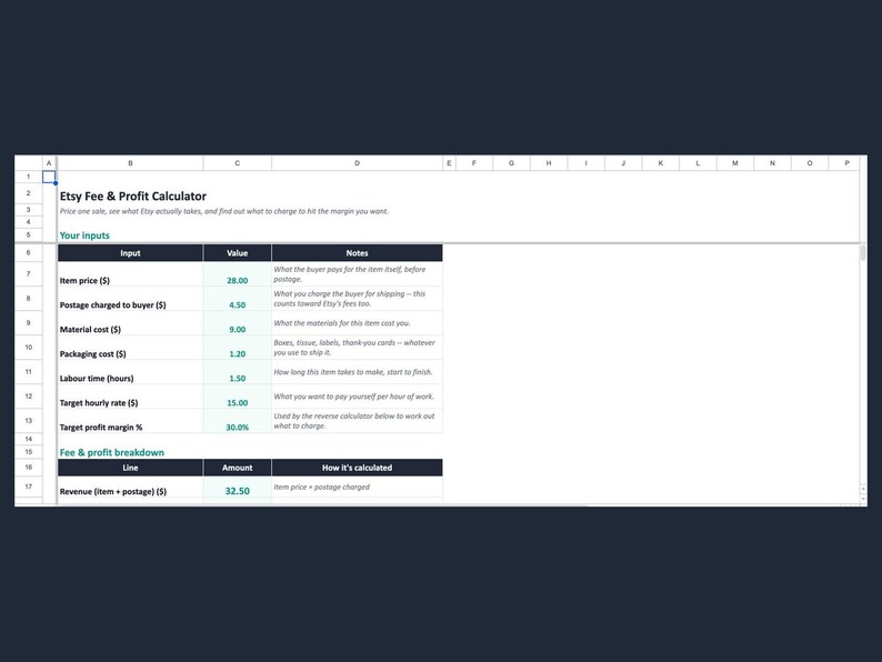 Może przedstawiać: Cyfrowy arkusz kalkulacyjny zatytułowany Etsy Fee & Profit Calculator z kolumnami Input, Value i Notes. Zawiera dane finansowe, w tym cenę przedmiotu, koszty wysyłki, koszty materiał&oacute;w i opakowania, czas pracy oraz docelową marżę zysku.