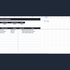 以下が含まれることがあります： January - Income & Expensesというタイトルのデジタルスプレッドシート。Date、Client/Source、Category、Amount、Notesの列があります。表には、Acme Studio、Northwind Media、Template shopの収入項目を含む財務データが表示されています。