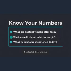 Może przedstawiać: Ciemnoszara grafika informacyjna z białym napisem Know Your Numbers. Poniżej znajduje się ramka w kolorze morskim zawierająca trzy punkty: What did I actually make after fees?, What should I charge to hit my margin?, oraz What needs to be dispatched today?. Na dole widnieje tekst One toolkit. Clear answers.