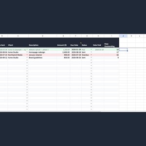以下が含まれることがあります： Invoicesというタイトルのデジタルスプレッドシート。Invoice #、Date Sent、Client、Description、Amount ($)、Due Date、Status、Date Paid、Days Outstandingの列があります。表には、さまざまなステータスラベルが付いた財務データの行が表示されています。