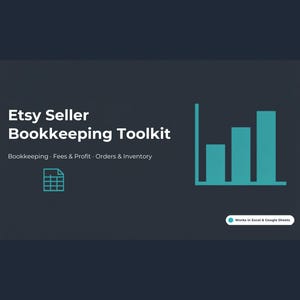 Może przedstawiać: Cyfrowy zestaw narzędzi księgowych dla sprzedawc&oacute;w Etsy na ciemnym tle. Tekst zawiera Etsy Seller Bookkeeping Toolkit, Bookkeeping, Fees & Profit, Orders & Inventory oraz Works in Excel & Google Sheets. Zawiera ikonę wykresu słupkowego.