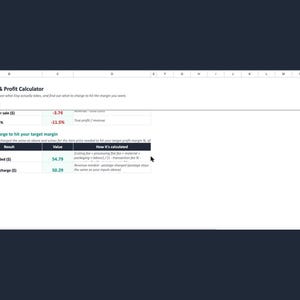 Może przedstawiać: Cyfrowy arkusz kalkulacyjny zatytułowany Etsy Fee & Profit Calculator z wierszami dotyczącymi rzeczywistego zysku ze sprzedaży, marży zysku, wymaganych przychod&oacute;w i ceny sprzedaży. Tabela przedstawia obliczone wartości w kolorze czerwonym i turkusowym.