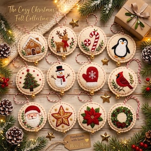 Kit de bordado de 12 adornos navideños para principiantes, kit de manualidades navideñas de fieltro para hacer tú mismo, set de iniciación al bordado a mano con patrones, decoración para el árbol de Navidad
