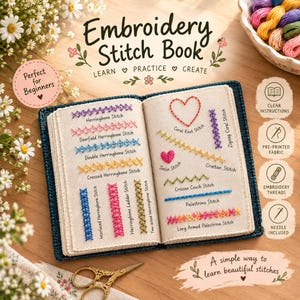 Puede incluir: Un libro de puntos de bordado abierto con una cubierta azul oscuro, que muestra páginas de tela color crema con varios patrones bordados coloridos y etiquetas. El texto incluye Embroidery Stitch Book, Learn Practice Create y nombres de puntos como Herringbone y Coral Knot.