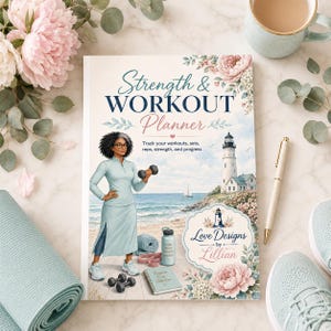 May include: A Strength & Workout Planner book featuring a coastal scene with a lighthouse, a person holding a dumbbell, and floral accents. The cover includes the text Strength & WORKOUT Planner, Track your workouts, sets, reps, strength, and progress, and Love Designs by Lillian.