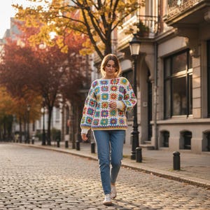 Granny Square Sweater Crochet Pattern PDF, Boho Patchwork Pullover, Colorful Crochet Jumper Tutorial, Beginner