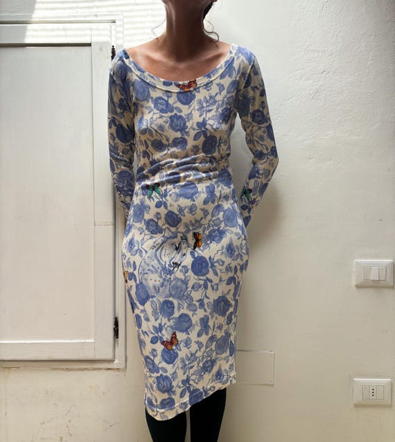 Krizia, Vintage Krizia Floral Butterfly Dress – 90s Italian Designer Blue Rose Midi (Made in Italy)