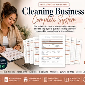 Può includere: Un sistema completo per imprese di pulizia con 13 documenti, 90 sezioni e oltre 680 campi compilabili. Include moduli per clienti, contratti, fatture, liste di controllo, formazione, controllo qualità e registri di accesso in formato A4.