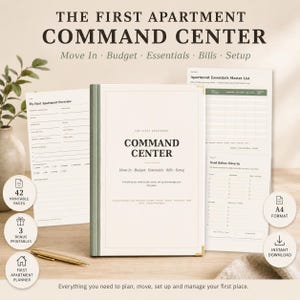 Op de afbeelding: Een printbare appartementplanner met een centrale map met de tekst THE FIRST APARTMENT COMMAND CENTER, Move In, Budget, Essentials, Bills, Setup, en extra pagina's inclusief My First Apartment Overview en diverse lijsten.
