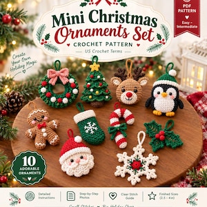 May include: A set of ten crocheted Christmas ornaments including a wreath, tree, reindeer, penguin, gingerbread person, stocking, candy cane, Santa Claus, snowflake, and holly. The PDF pattern includes instructions for 2.5 to 4 inch ornaments.