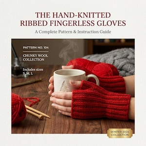 May include: A digital pattern guide titled THE HAND-KNITTED RIBBED FINGERLESS GLOVES, A Complete Pattern & Instruction Guide. It features red ribbed fingerless gloves, a white mug with a tree design, red yarn, and wooden knitting needles.