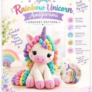 May include: A crochet pattern document titled Rainbow Unicorn Amigurumi featuring a cream-colored unicorn with a rainbow-colored mane and tail, a gold horn, and black safety eyes. The document includes text details on skill level, US crochet terms, and a finished size of 8-10 inches.