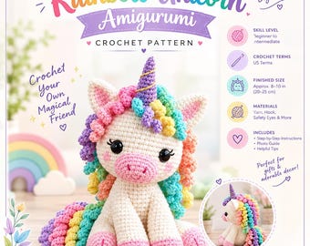May include: A crochet pattern document titled Rainbow Unicorn Amigurumi featuring a cream-colored unicorn with a rainbow-colored mane and tail, a gold horn, and black safety eyes. The document includes text details on skill level, US crochet terms, and a finished size of 8-10 inches.