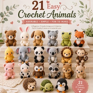 Op de afbeelding: Een boekomslag getiteld 21 Easy Crochet Animals met eenentwintig kleine gehaakte amigurumi-figuren, waaronder een beer, konijn, hond, kat, kikker, vos, kuiken, olifant, panda, koala, leeuw, aap, varken, koe, uil, wasbeer, eekhoorn, hert, egel, schildpad en pinguïn.
