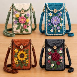 Könnte beinhalten: Vier rechteckige Häkel-Umhängetaschen mit Blumenapplikationen und Holzknopfverschlüssen. Die Taschen sind in Creme, Blau, Orange und Dunkelgrau erhältlich und verfügen jeweils über einen langen passenden Riemen und florale Motive.