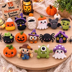 May include: A collection of fifteen small, colorful Halloween-themed crochet figures including a candy corn, a black cat in a purple hat, a mummy, a ghost, a bat, a Frankenstein monster, a cauldron, pumpkins, an owl, a spider, a house, a scarecrow, a monster, and a mushroom ghost.