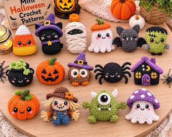 May include: A collection of fifteen small, colorful Halloween-themed crochet figures including a candy corn, a black cat in a purple hat, a mummy, a ghost, a bat, a Frankenstein monster, a cauldron, pumpkins, an owl, a spider, a house, a scarecrow, a monster, and a mushroom ghost.