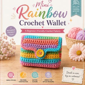 Può includere: Un documento con schema per uncinetto intitolato Mini Rainbow Crochet Wallet che mostra un piccolo portafoglio rettangolare a righe multicolori con chiusura a bottone giallo. Il testo include Beginner-Friendly Crochet Pattern e Small in size, big on cuteness.