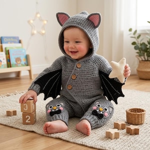 May include: A gray crocheted hooded onesie featuring black bat wings attached to the sleeves, a hood with pink-lined ears, and three wooden buttons down the front. The knees of the onesie feature embroidered monster faces with bow ties.