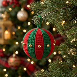 Può includere: Un ornamento sferico all'uncinetto caratterizzato da strisce verticali alternate di filato rosso e verde. L'ornamento è decorato con piccole perline dorate lucide posizionate lungo la circonferenza centrale e include un occhiello verde.