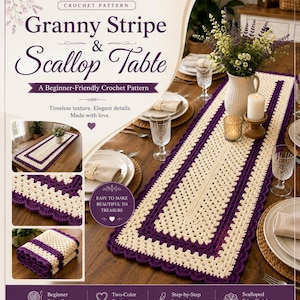 Może przedstawiać: Dokument ze wzorem szydełkowym zatytułowany Granny Stripe & Scallop Table przedstawiający prostokątny bieżnik na stół z kremowym środkiem i ciemnofioletową obwódką z wykończeniem w kształcie muszelek. Dokument zawiera zdjęcia bieżnika na stole.