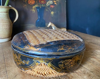 1930s Lacquered Paper Mache Box with Handprinted Gold Patterns
