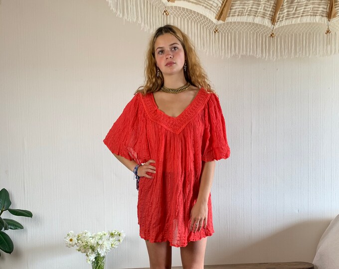 Coral Red Greek Cotton Floaty Cheesecloth and Crochet Grecian Bohemian Free size Greek Top, coral
