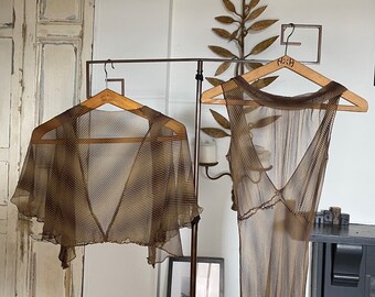 Vintage Treasure: 1930s silk chiffon dress and capelet, striped gold/latte pale beige and brown graphic print, very RARE