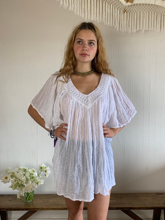 Coral Red Greek Cotton Floaty Cheesecloth and Crochet Grecian Bohemian Free size Greek Top, coral